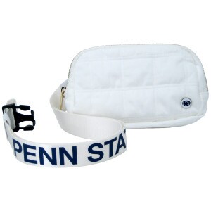 quilted white belt bag with Penn State Athletic Logo medallion and Penn State on belt